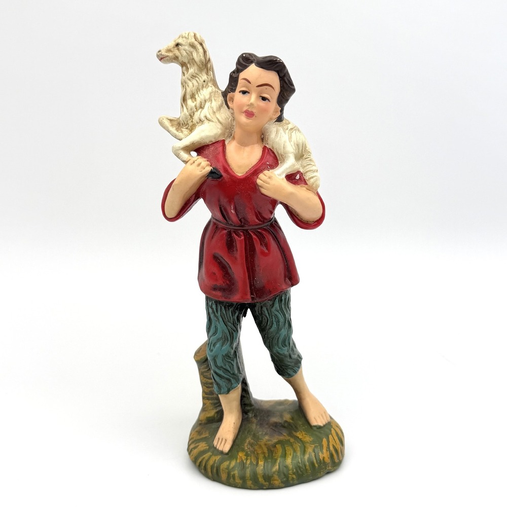 Vintage Nativity Shepherd Figurine with Lamb Red Tunic 7.5 Inch Christmas Decor